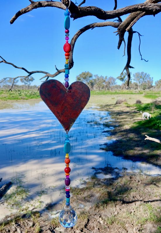 RAINBOW GUARDIAN ANGEL- the purity of an open heart HEALING sun catcher with recycled metal heart  &amp; glass, crystal, beads, WITH EXTRA large suncatcher