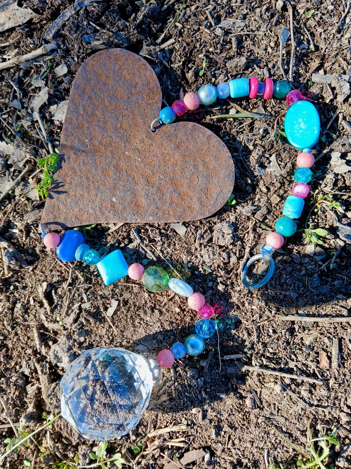 FAIRIES WELCOME - the purity of an open heart HEALING sun catcher with recycled metal heart  &amp; glass, crystal, beads, WITH EXTRA large suncatcher