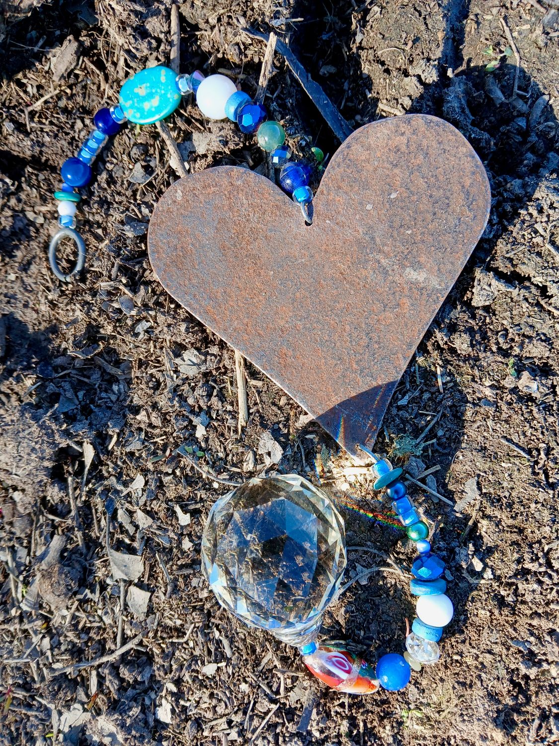DREAM BIG- the purity of an open heart HEALING sun catcher with recycled metal heart  &amp; glass, crystal, beads- extra big crystal sun catcher