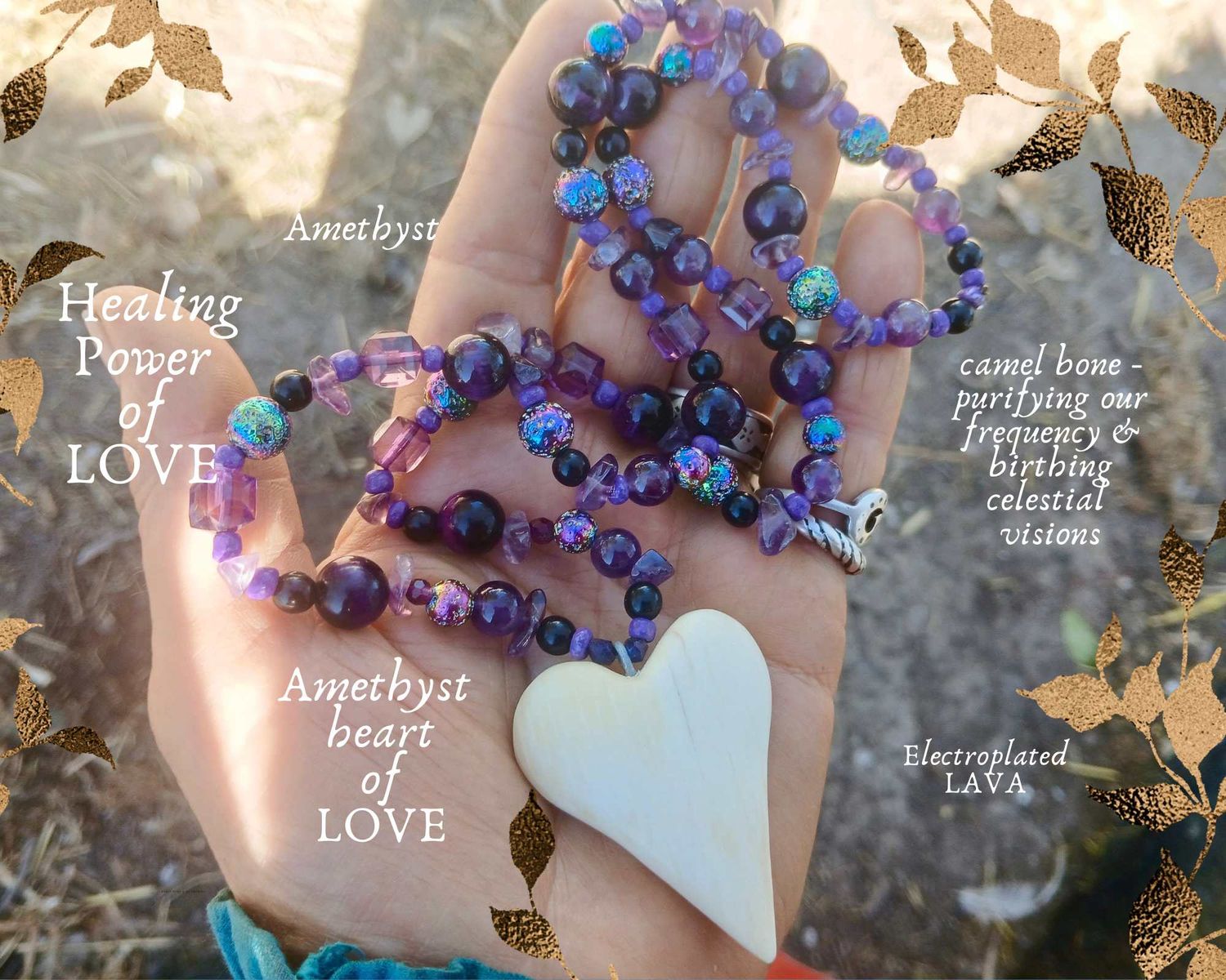 Amethyst Heart of LOVE - You are deeply held- Amethyst and Lava beads LOVE talisman hand-carved CAMEL bone heart- follow your heart- LOVE will guide you