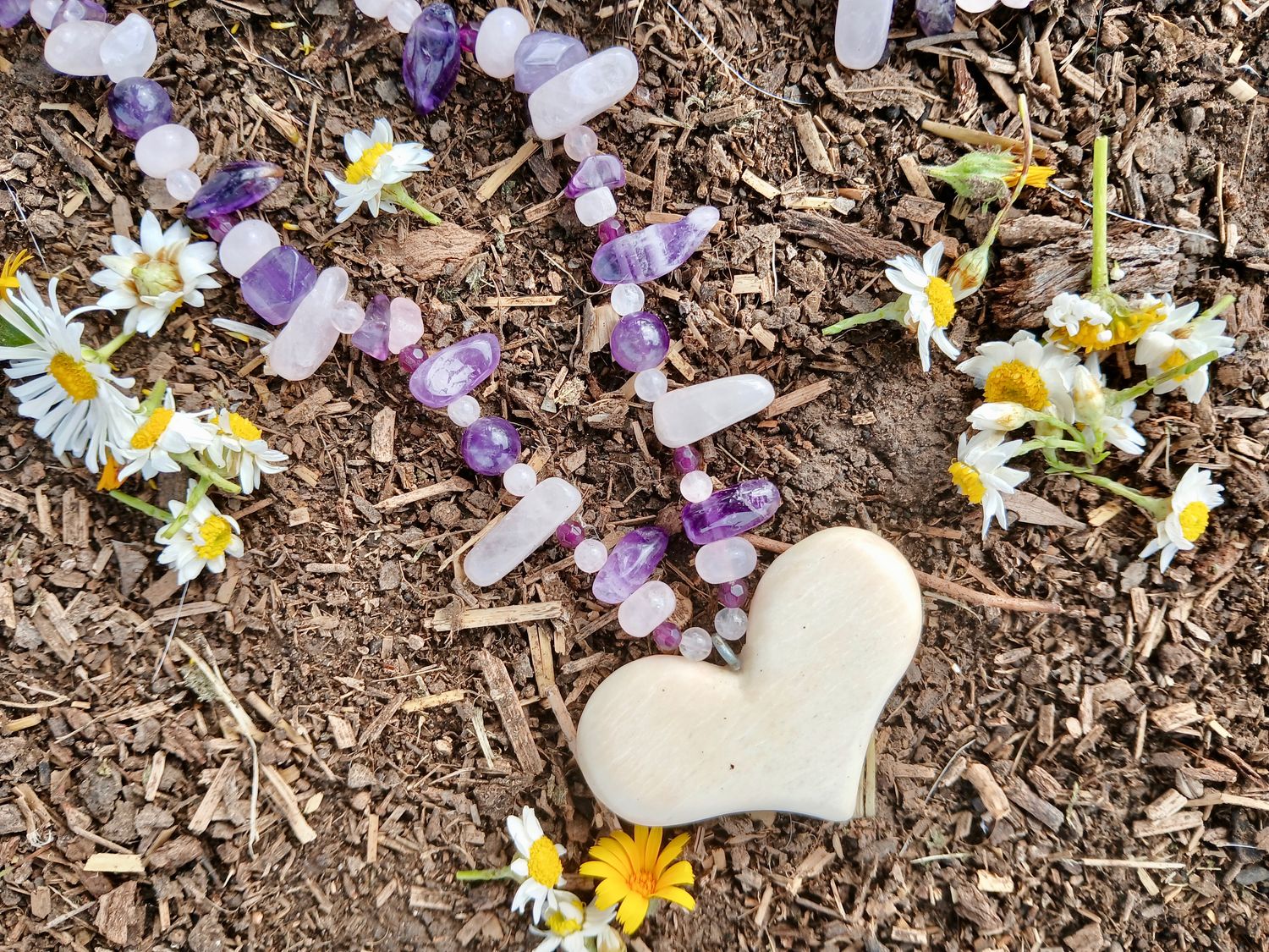 Rose Queen Deep Peace Heart of LOVE with Amethyst - You are deeply held-  LOVE talisman hand-carved CAMEL bone heart- follow your heart- LOVE will guide you