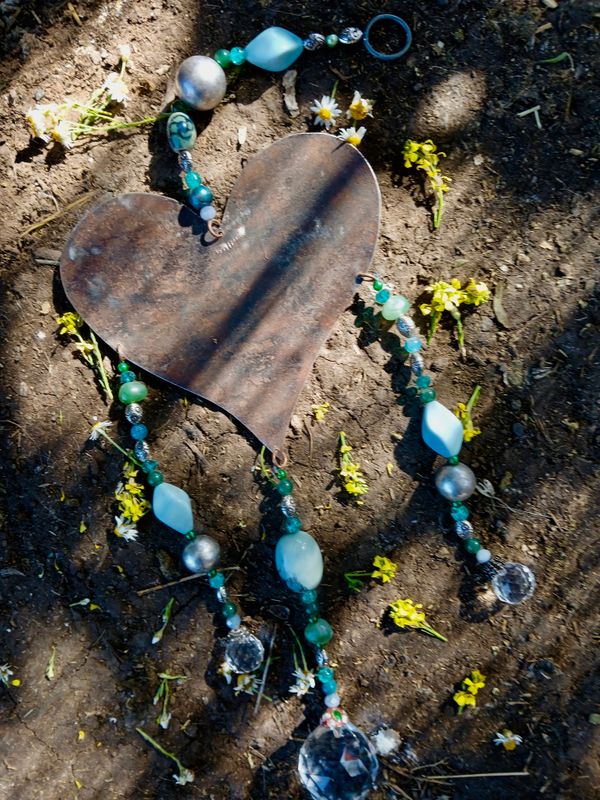 Mystical Rebirth NEW TRINITY sun catcher with recycled metal heart - Clearing out so we can buy animal feed