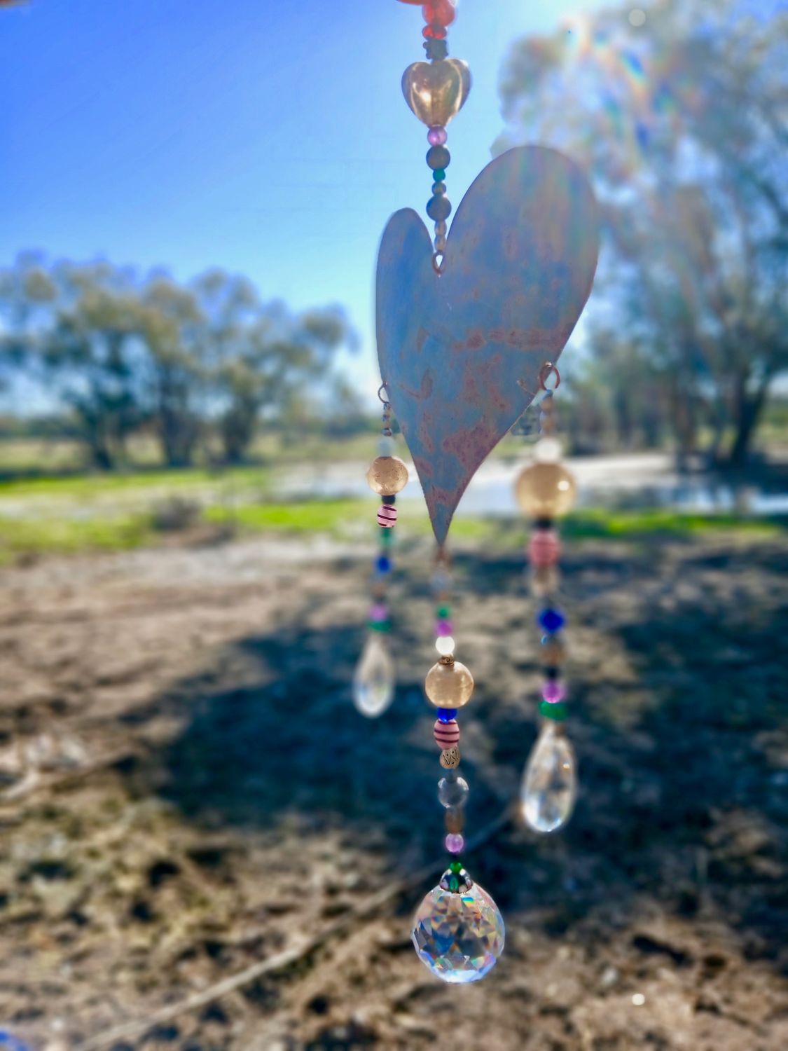 Golden Heart of LOVE NEW TRINITY sun catcher with recycled metal heart - Clearing out so we can buy animal feed