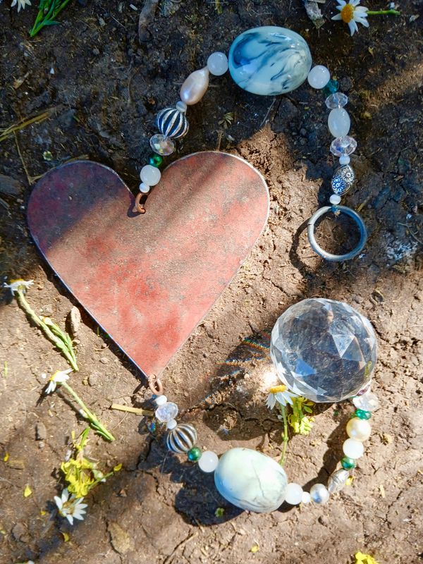 Transendental HEALING sun catcher with recycled metal heart  &amp; glass, crystal, beads, WITH EXTRA large suncatcher REDUCED $10