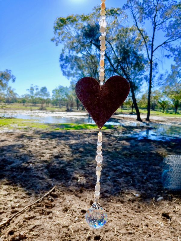 Rays of Heaven sun catcher with recycled metal heart  &amp; glass, crystal, beads, WITH EXTRA large suncatcher REDUCED $10