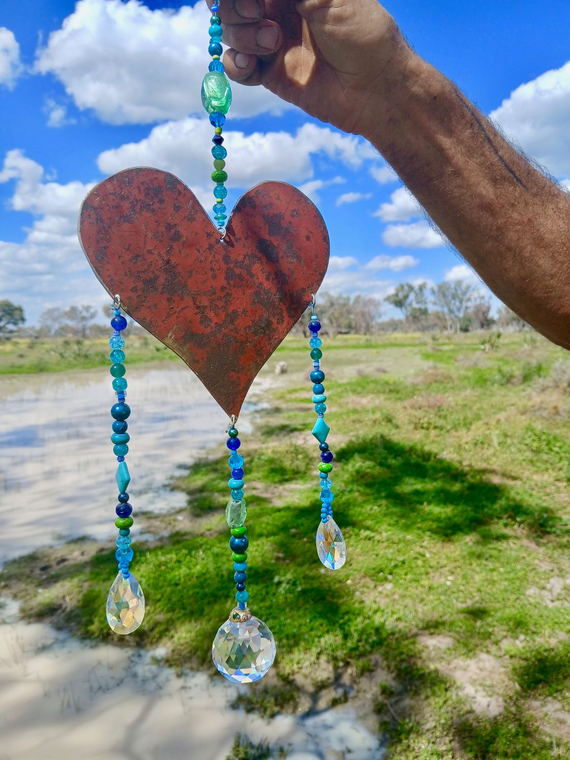 Healing Prayers of LOVE NEW TRINITY sun catcher with recycled metal heart - Clearing out so we can buy animal feed