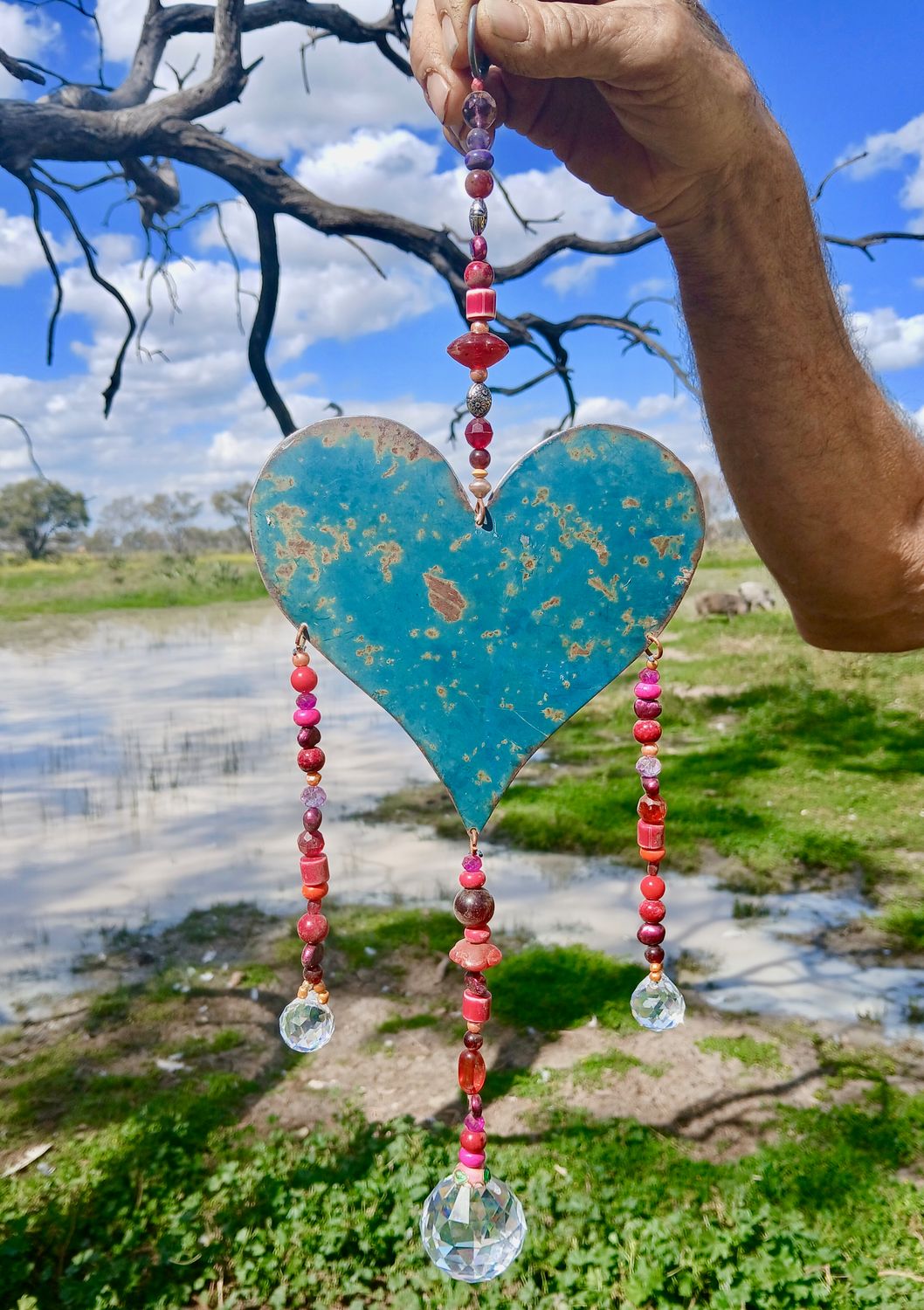 FIERY DRAGON NEW TRINITY sun catcher with recycled metal heart - Clearing out so we can buy animal feed