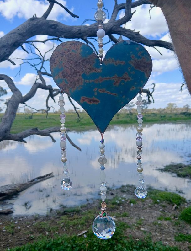 SNOWFLAKE NEW TRINITY sun catcher with recycled metal heart - Clearing out so we can buy animal feed
