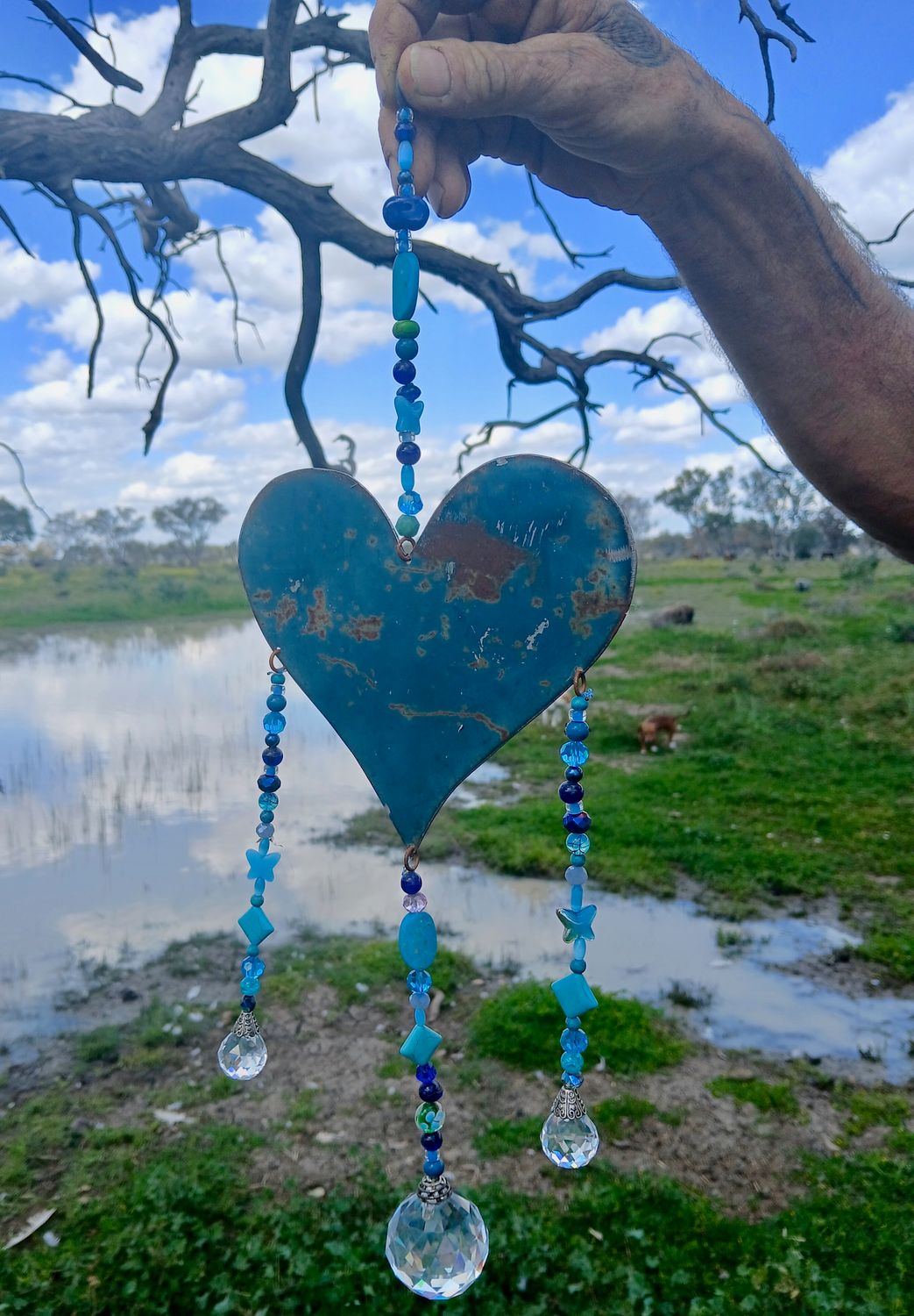 BLUE BUTTERFLY NEW Trinity sun catcher with recycled metal heart - Clearing out so we can buy animal feed