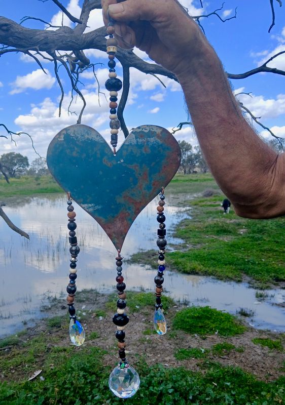 Drum Beat NEW Trinity sun catcher with recycled metal heart - Clearing out so we can buy animal feed