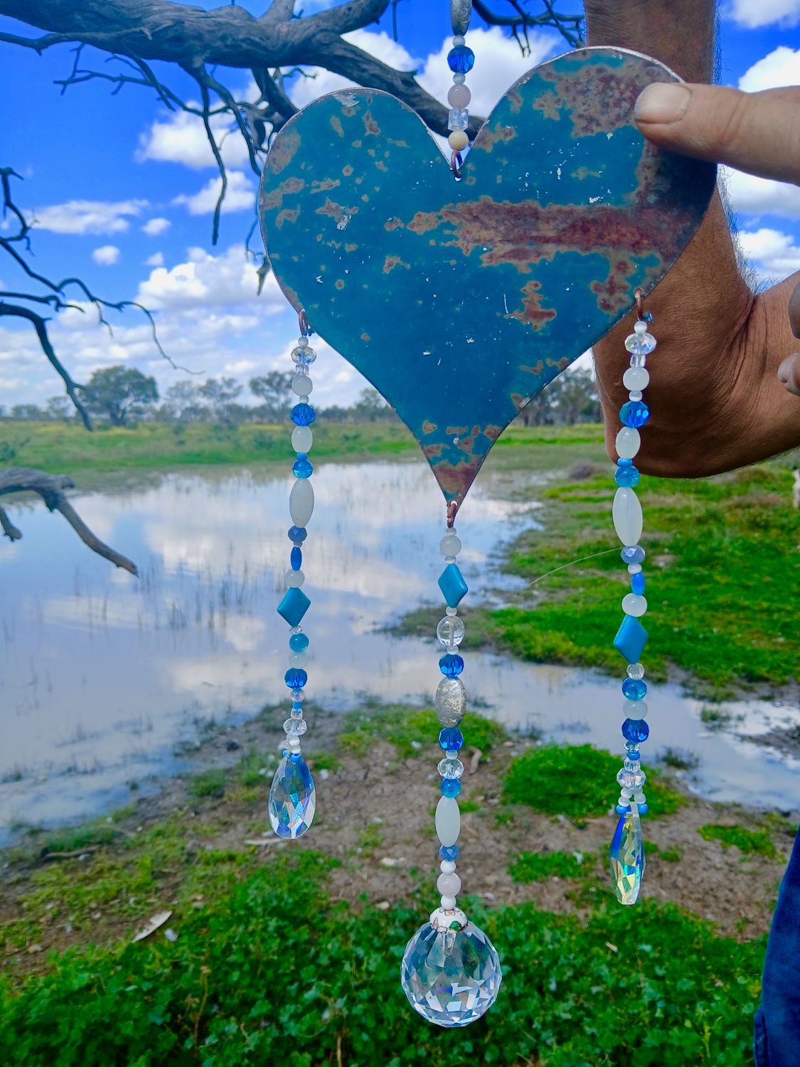 Sacred Sapphire NEW Trinity sun catcher with recycled metal heart - Clearing out so we can buy animal feed