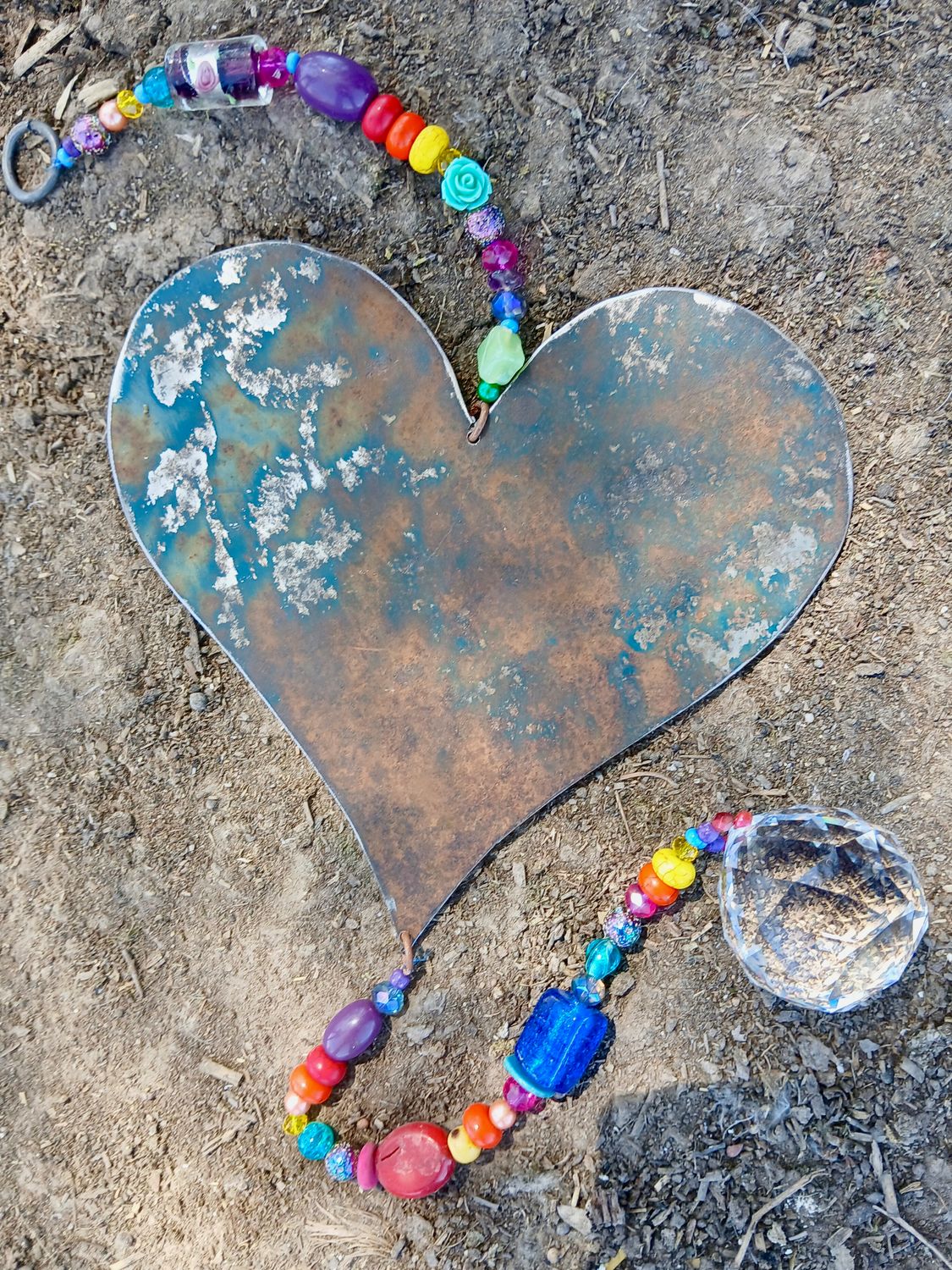 RAINBOW LOVE ROSE sun catcher with extra BIG recycled metal heart - fill your life with rainbow sparkles