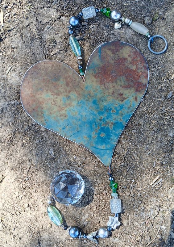 Green Butterflies of Beauty &amp; LOVE sun catcher with extra BIG recycled metal heart - fill your life with rainbow sparkles