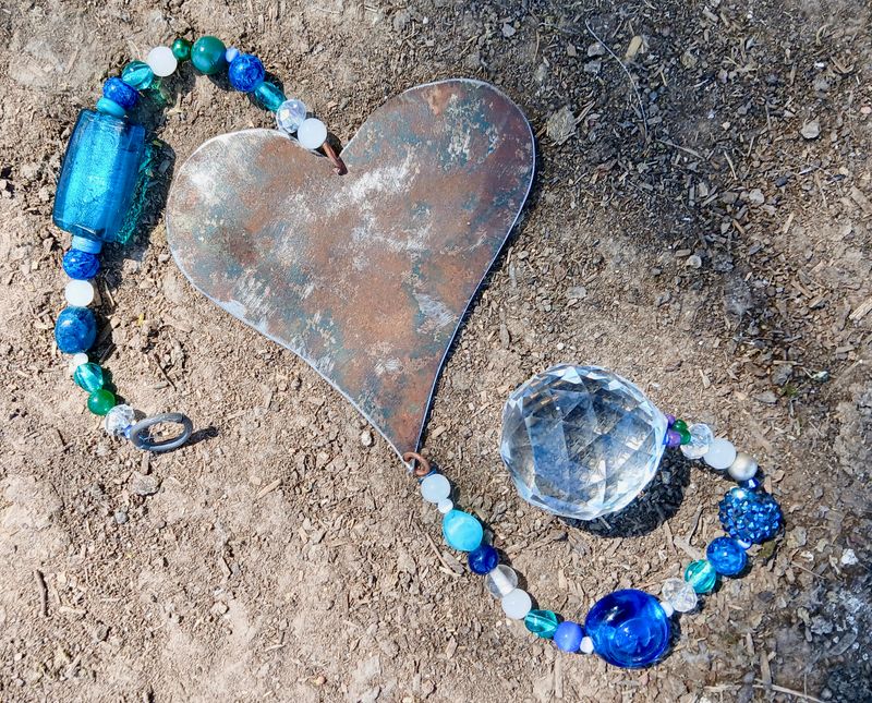 SALE was $66 Tranquillity Blue sun catcher with recycled metal heart - fill your life with rainbow sparkles