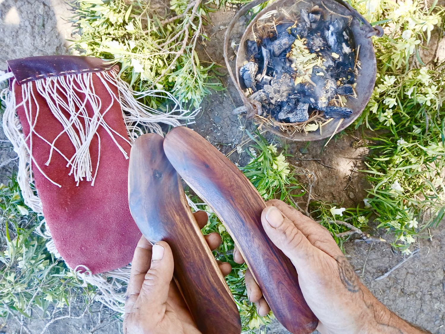 Sacred Creed Wild Mulga Shaman Sticks with recycled, vintage leather, hand-sewn pouch with fringing- Alignment- Divine TRUTH