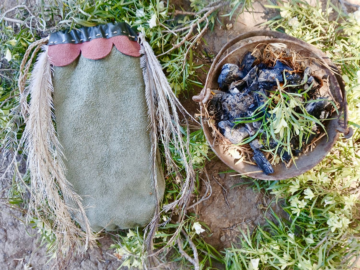 ONE with the Divine Wild Mulga Shaman Sticks with recycled, vintage leather, hand-sewn pouch with emu feathers- Centre- One with all life. Let Nature speak