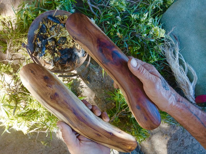 Whale Dreaming Wild Mulga Shaman Sticks with recycled, vintage leather, hand-sewn pouch with emu feathers- Wisdom from the Deep