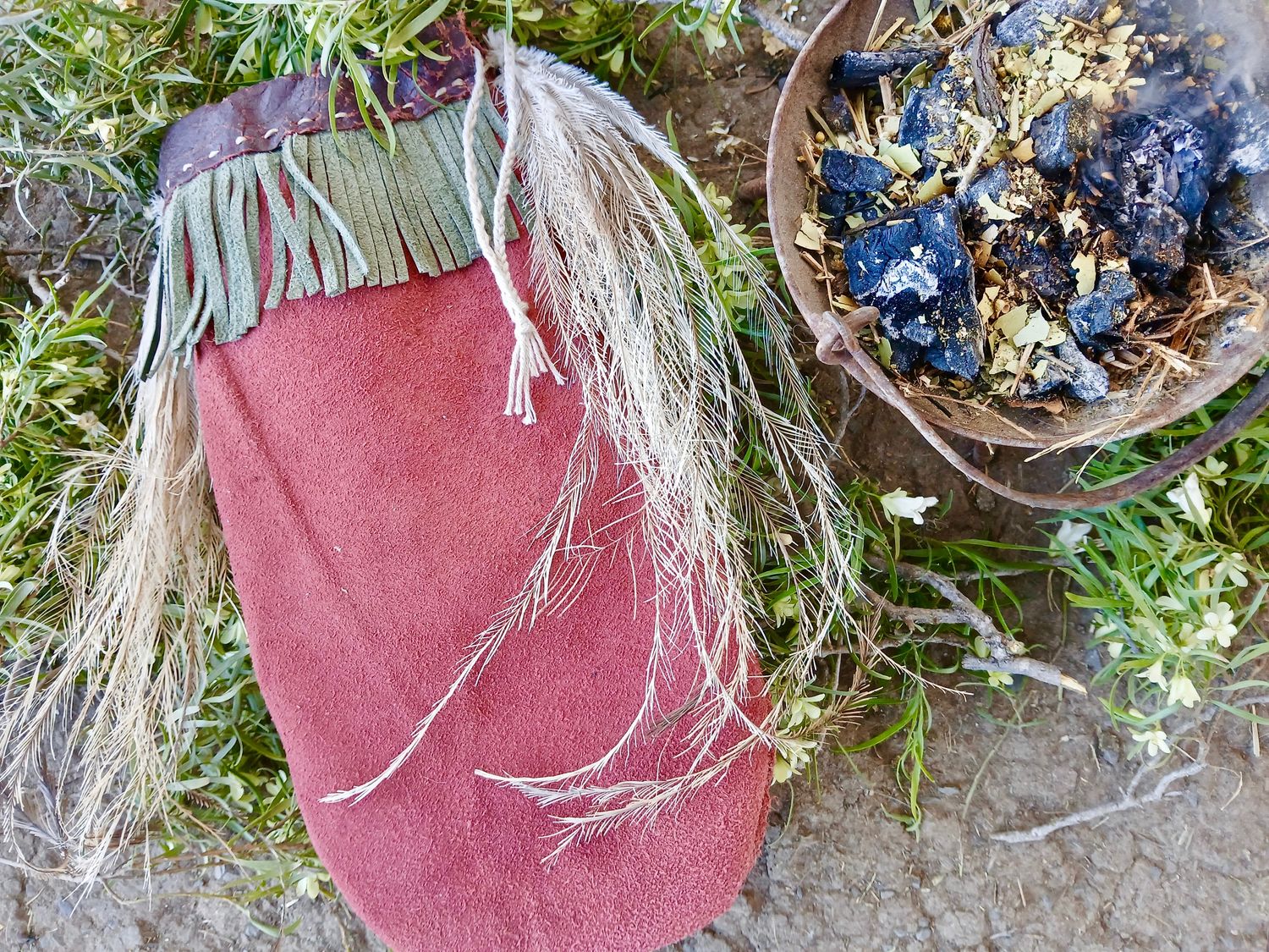 Galloping herds of Wild Horses Mulga Shaman Sticks with recycled, vintage leather, hand-sewn pouch with emu feathers- Wisdom from the Animals
