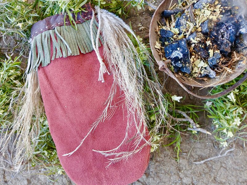 Sacred Birth Mulga Shaman Sticks with recycled, vintage leather, hand-sewn pouch with emu feathers- Wisdom from the Animals