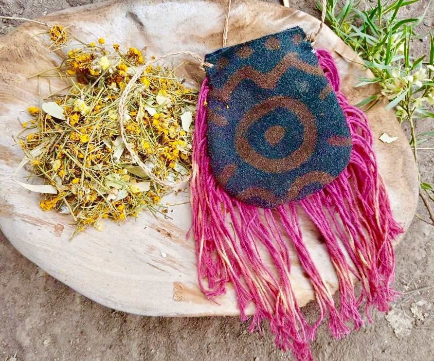 Vintage honoured &amp; recycled leather, hand-sewn Sacred Medicine Pouch with hand dyed fringing- RENEWAL - Sun energy- REBIRTH filled with wild harvested smudge  mix created by Gill
