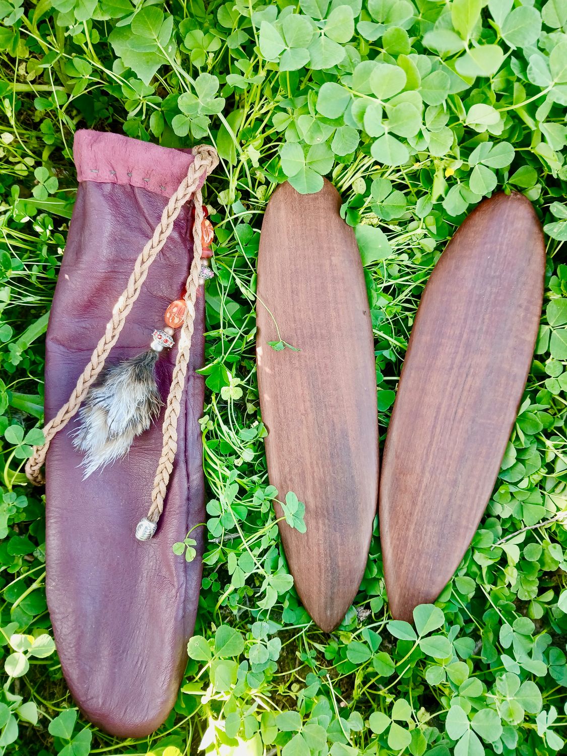 Sacred Heart Hum of LOVE Native OAK Shaman Sticks with recycled, vintage leather, hand-sewn pouch with TAWNY frogmouth feathers-