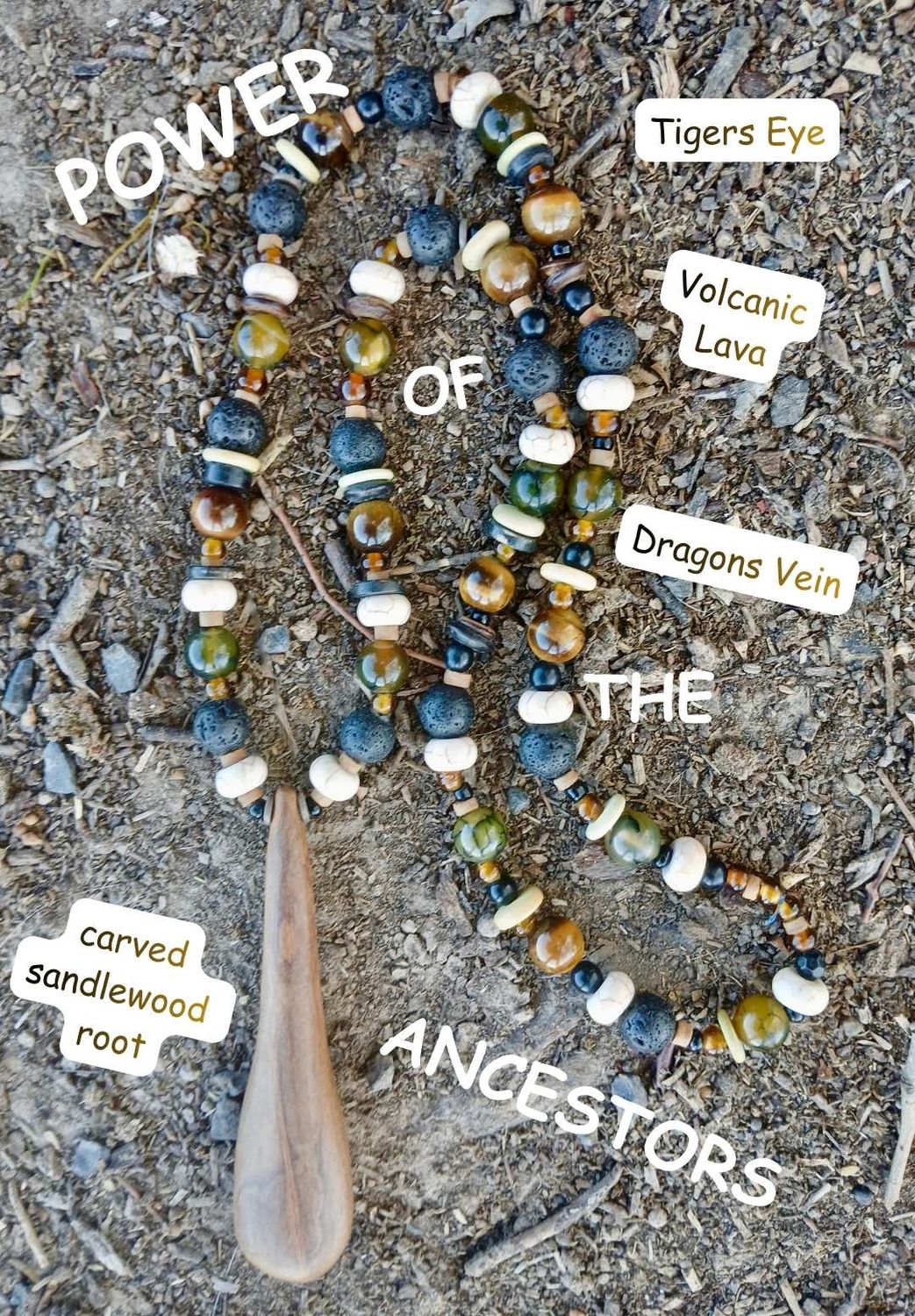 Power of the Ancestors - Connection with our tribe. Carved Sandalwood Root with Tigers Eye, Dragon's Vein, and volcanic Lava and glass beads. Powerful Priestess talisman