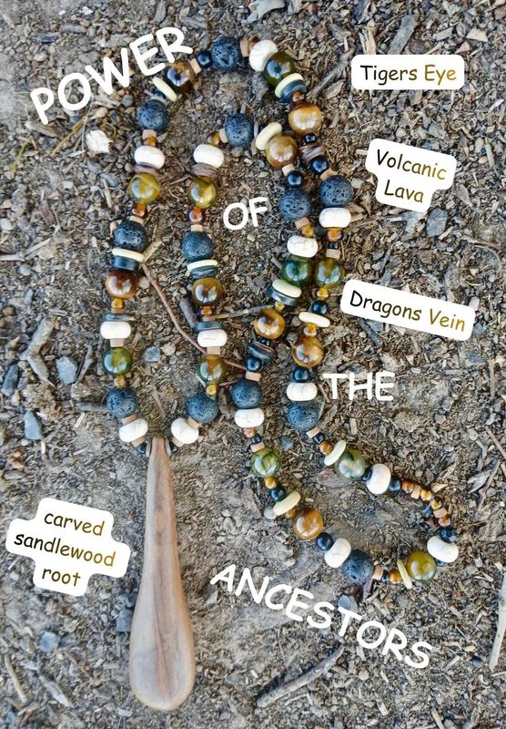 Power of the Ancestors - Connection with our tribe. Carved Sandalwood Root with Tigers Eye, Dragon's Vein, and volcanic Lava and glass beads. Powerful Priestess talisman