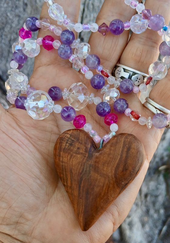 Purple Roses -  Carved Sandalwood Root with Amethyst, rose quartz and glass and crystal beads. Powerful Priestess talisman