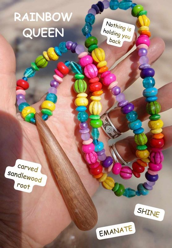 Rainbow Queen- Carved Sandalwood Root with glass and gemstone beads in brilliant RAINBOW. Nothing is holding you back- SHINE Beloved Queen
