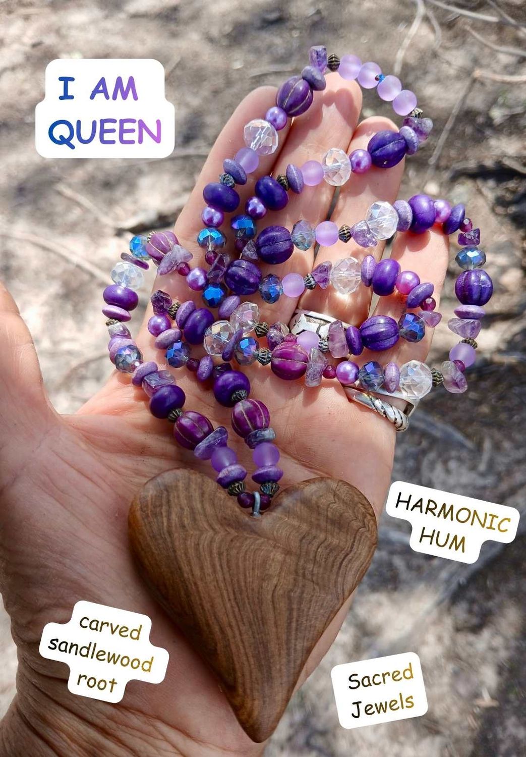 I AM QUEEN - Holy Treasures- Sacred Power. Carved Sandalwood Root heart with Crystal, amethyst, gemstone, acrylic, metallic, and glass beads. Powerful Priestess talisman