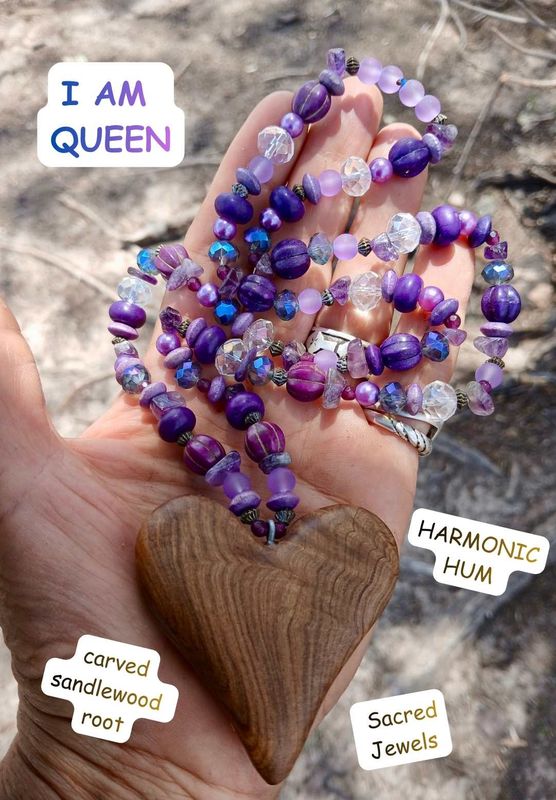 I AM QUEEN - Holy Treasures- Sacred Power. Carved Sandalwood Root heart with Crystal, amethyst, gemstone, acrylic, metallic, and glass beads. Powerful Priestess talisman