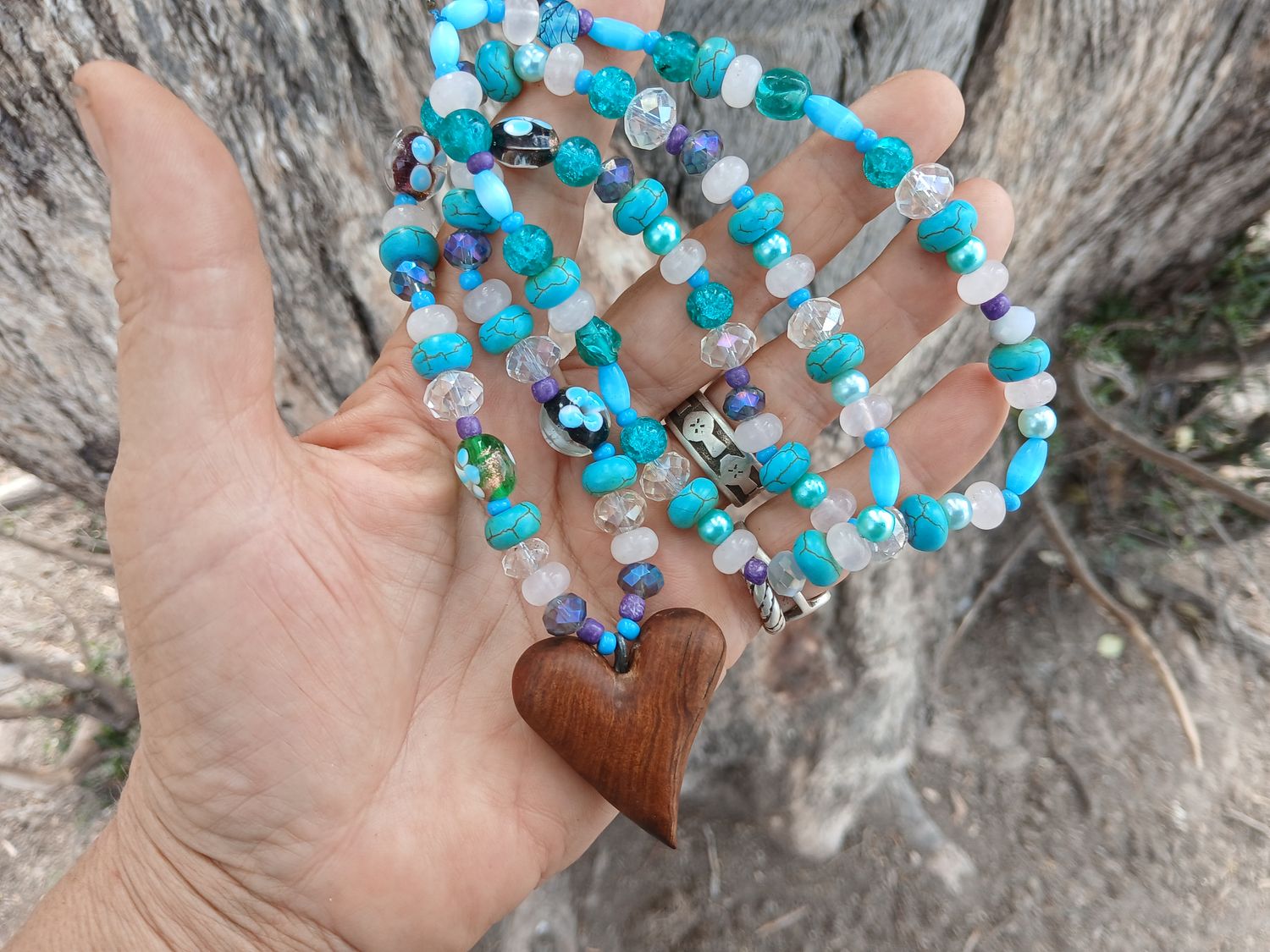 Reduced from $144 Fairies of Forget-me-not  UNIQUE carved heart from Sandalwood root with Rose Quartz beads and crystal - Connect with your TRUE self