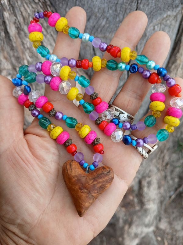 Crystaline Rainbow  UNIQUE carved heart from Sandalwood root with Rose Quartz beads and crystal - Connect with your TRUE self