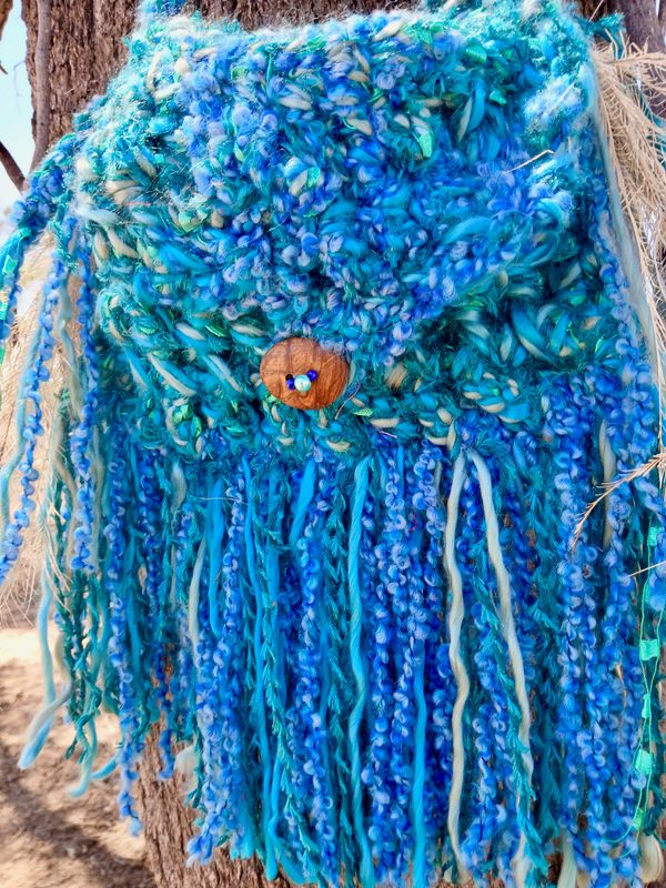 Cascade- Holy Water Medicine Bag with Emu feathers and Sacred Pouch for crystals with carved wooden button