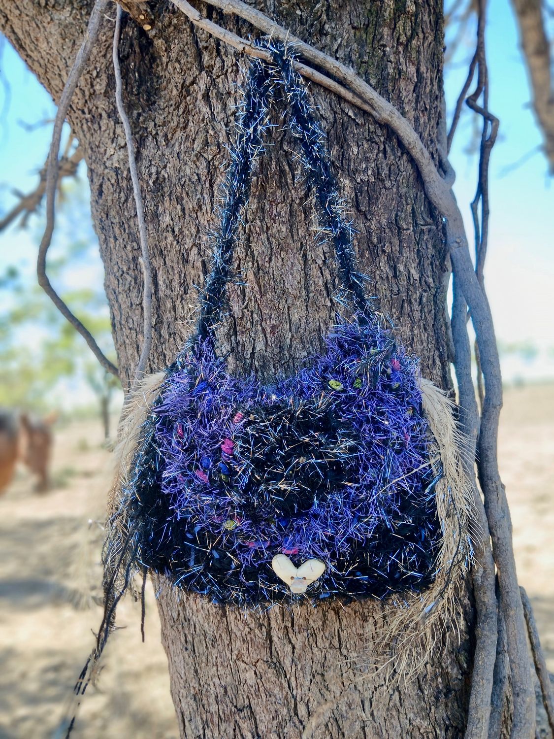 Black Opal Glittery Medicine Bag with Emu feathers and Sacred Pouch for crystals with carved camel bone heart button