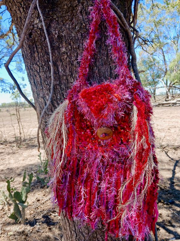 Queen of Dusk &amp; Desert Medicine Bag with Emu feathers and Sacred Pouch for crystals with carved wooden heart button
