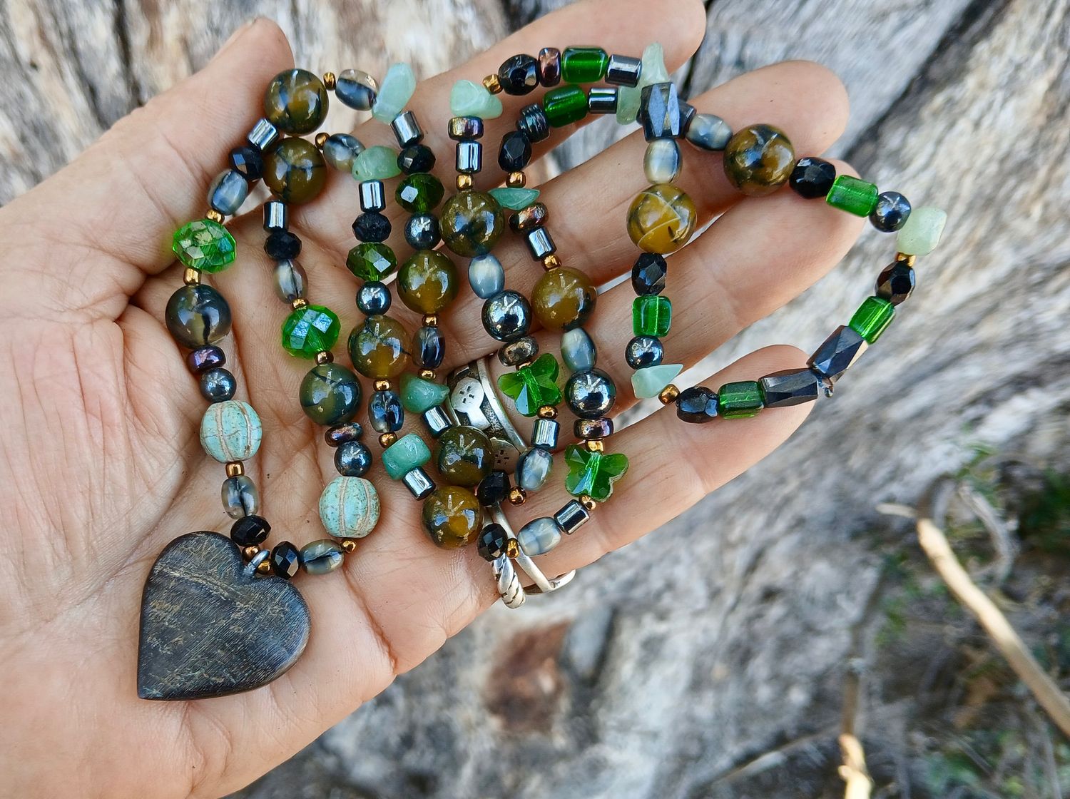 Mystic Forest LOVE talisman hand-carved HORSE HOOF heart - follow your heart- power- strength- lava  and carnelian beads with glass&amp; enamel