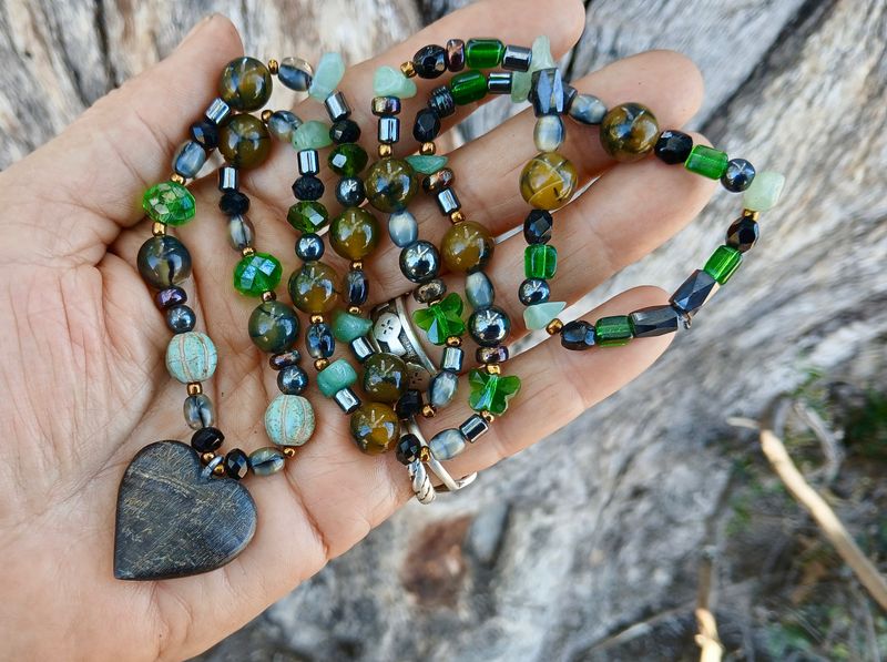 Mystic Forest LOVE talisman hand-carved HORSE HOOF heart - follow your heart- power- strength- lava  and carnelian beads with glass&amp; enamel