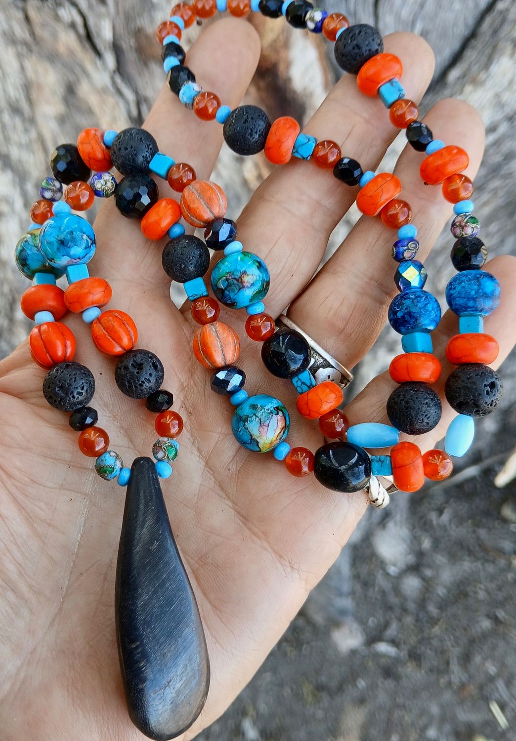 FIRE HORSE LOVE talisman hand-carved HORSE HOOF heart - follow your heart- power- strength- lava  and carnelian beads with glass&amp; enamel