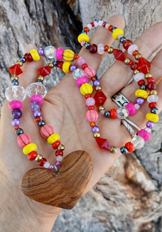 ROSE GARDEN - Beauty- Sacred Power. Carved Sandalwood Root heart with hematite, amethyst, brass, and glass beads. Powerful Priestess talisman. Divine Feminine