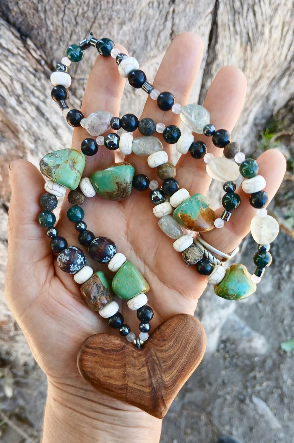 ELEMENTAL - Beauty- Sacred Power. Carved Sandalwood Root heart with hematite, African turquoise, gemstone, prayer beads, rose quartz and glass beads. Powerful Priestess talisman. Divine Feminine