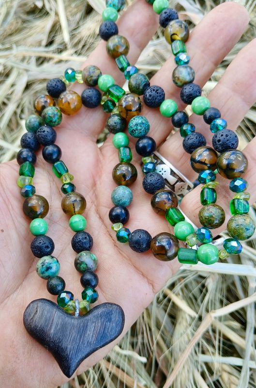 Power of the HORSE  LOVE talisman hand-carved HORSE HOOF heart - follow your heart- power- strength- lava  and dragons veins, SHUNGITE beads with African Turquoise and Glass