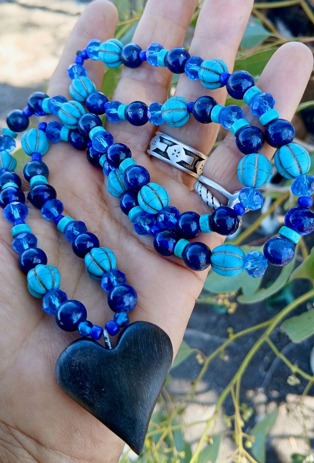 Healing Priestess, Lapis Lazuli- Cobalt blue Indian trade beads I traded with Gypsies 40 yrs ago,  glass beads, LOVE talisman hand-carved HORSE HOOF heart - follow your heart- - HARMONY-HEALING- PEACE