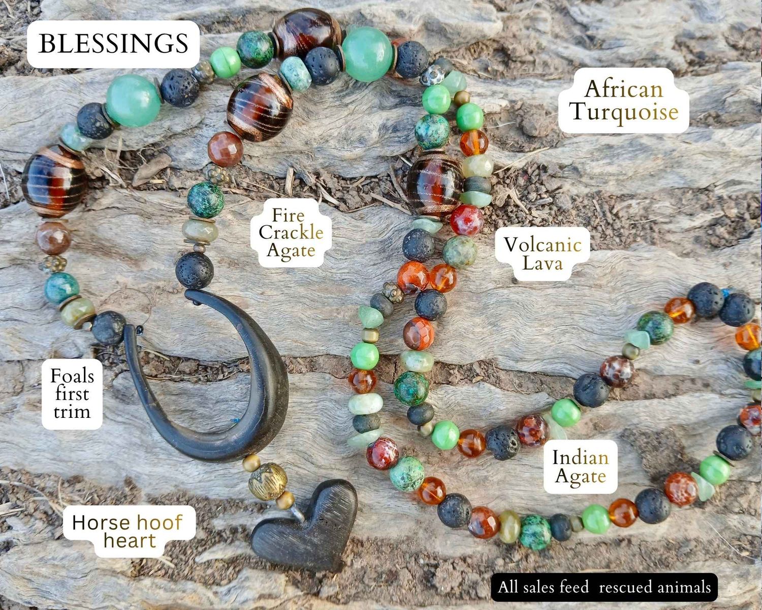 BLESSINGS, lava, agate, African Turquoise, Unique glass beads, LOVE talisman hand-carved HORSE HOOF heart in horse shoe- follow your heart- power- strength-amplification-Abundance- Birth of the SACRED