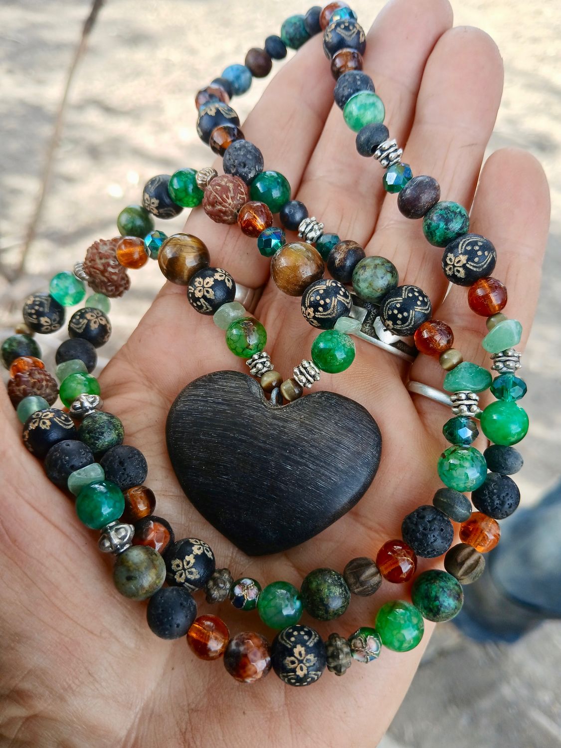 Pixie Palace- African Turquoise, Lava, seeds, Tiger's eye, Fire Crackle Agate beads, LOVE talisman hand-carved HORSE HOOF heart - follow your heart- power- strength-amplification- PROTECTION- COURAGE