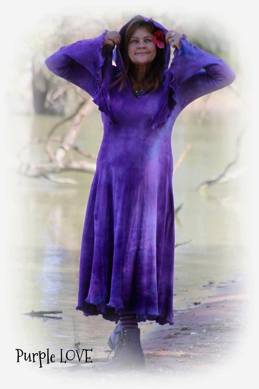 Purple LOVE cotton knit tunic dress with long camelot sleeves and a hood- donated back so we can buy hay.
