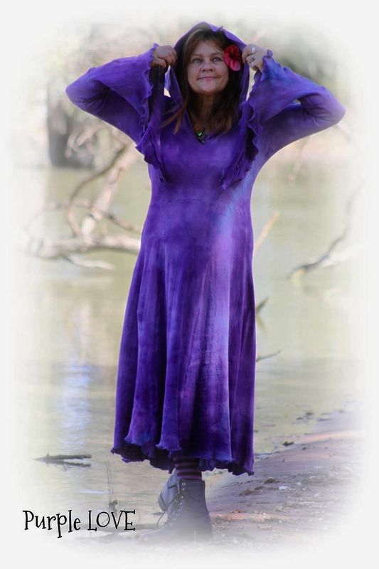 Purple LOVE cotton knit tunic dress with long camelot sleeves and a hood- donated back so we can buy hay.