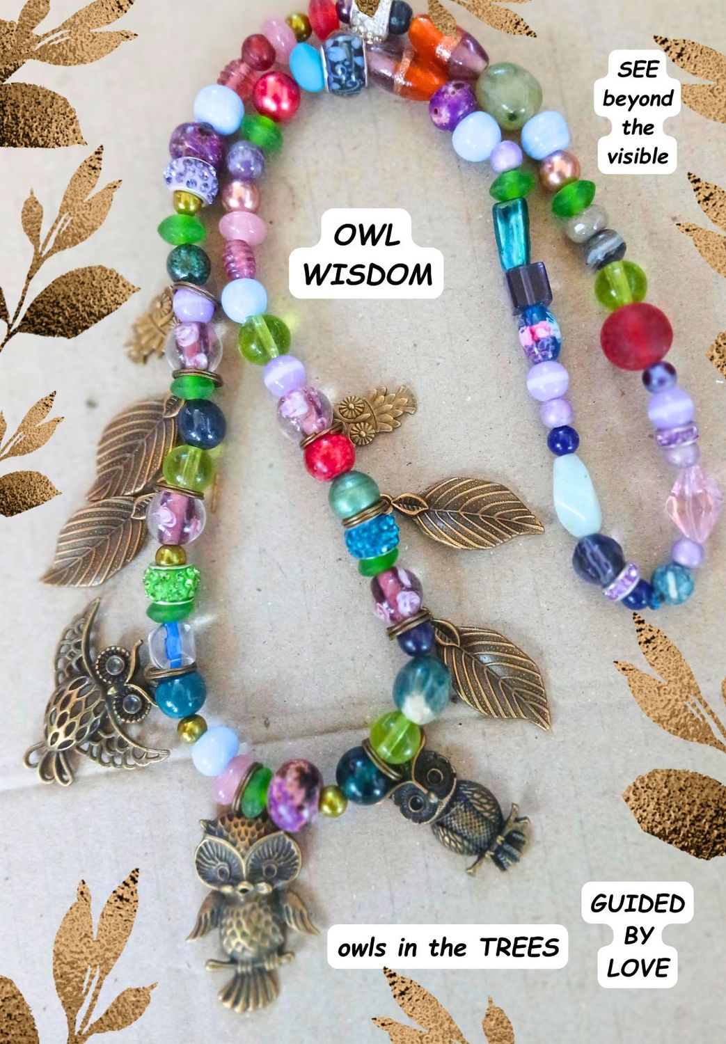 OWL WISDOM, See beyond the SEEN, Illuminate the darkness. Owls in the trees.  Beautiful charm necklace for magical journeys