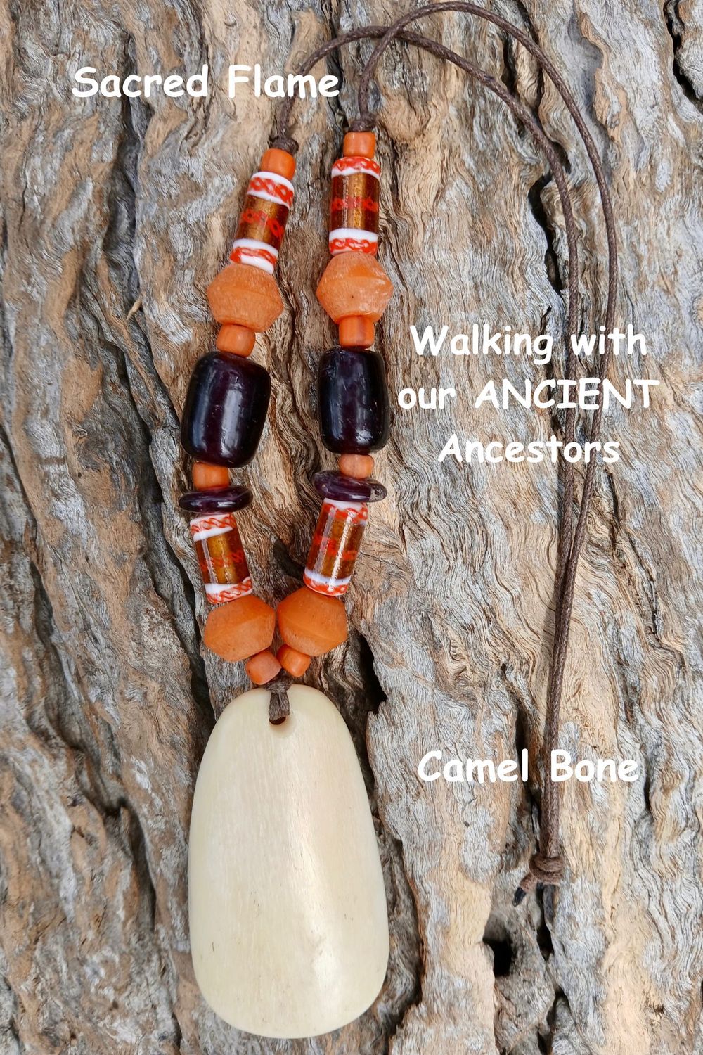 SACRED FLAME power amulet with vintage beads and carved Camel Bone- guiding the way into the Sacred- POWER from nature