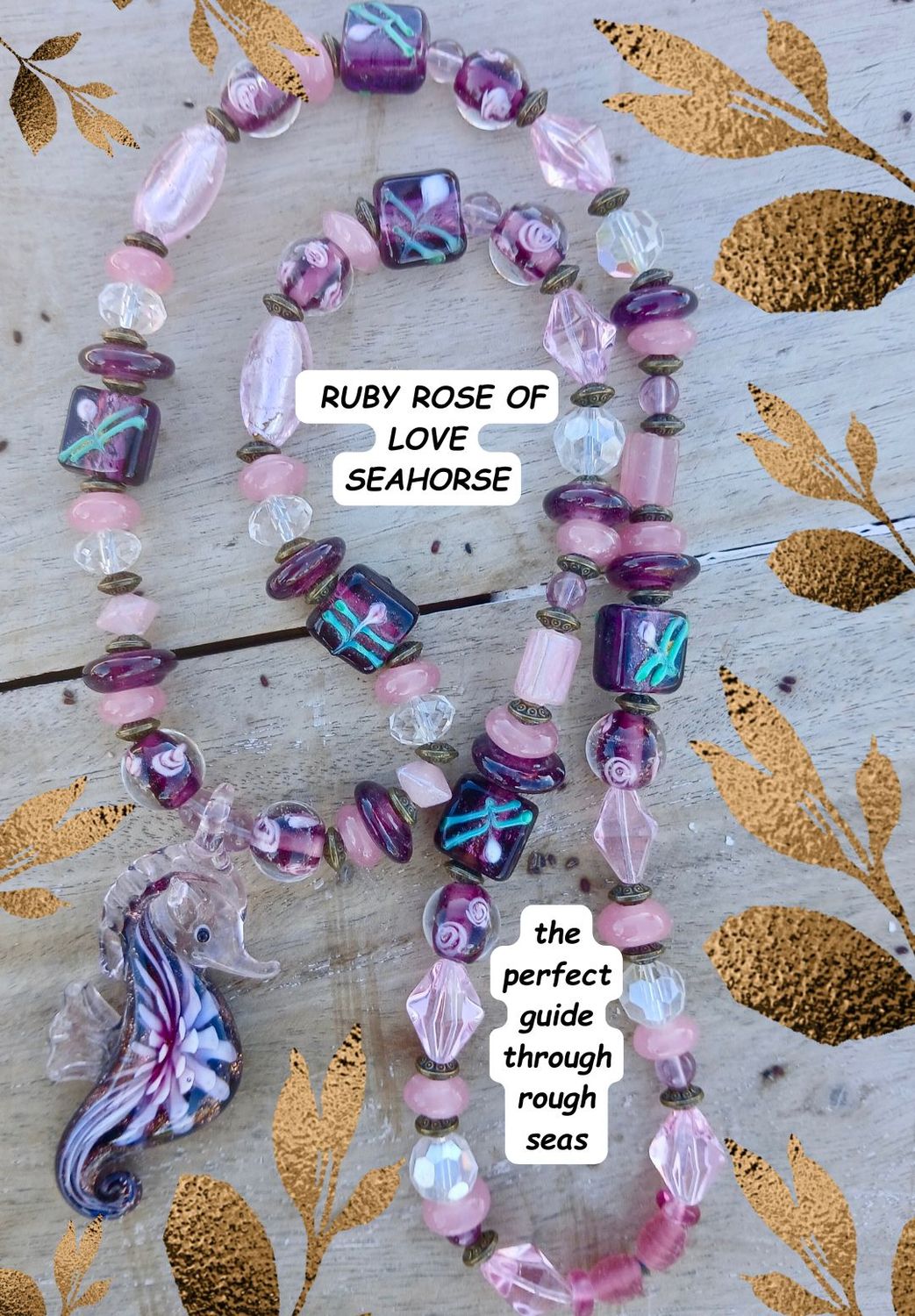 Ruby Rose of LOVE Sea Horse, blown glass pendant on vintage glass and Lava beaded necklace, protection- POWER of the OCEAN